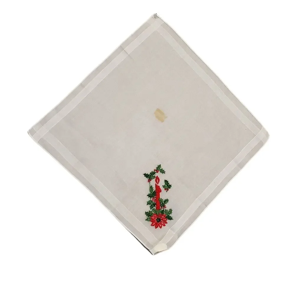 VINTAGE CHRISTMAS CANDLE POINSETTIA HANDKERCHIEF MADE IN SWITZERLAND EMBROIDERED